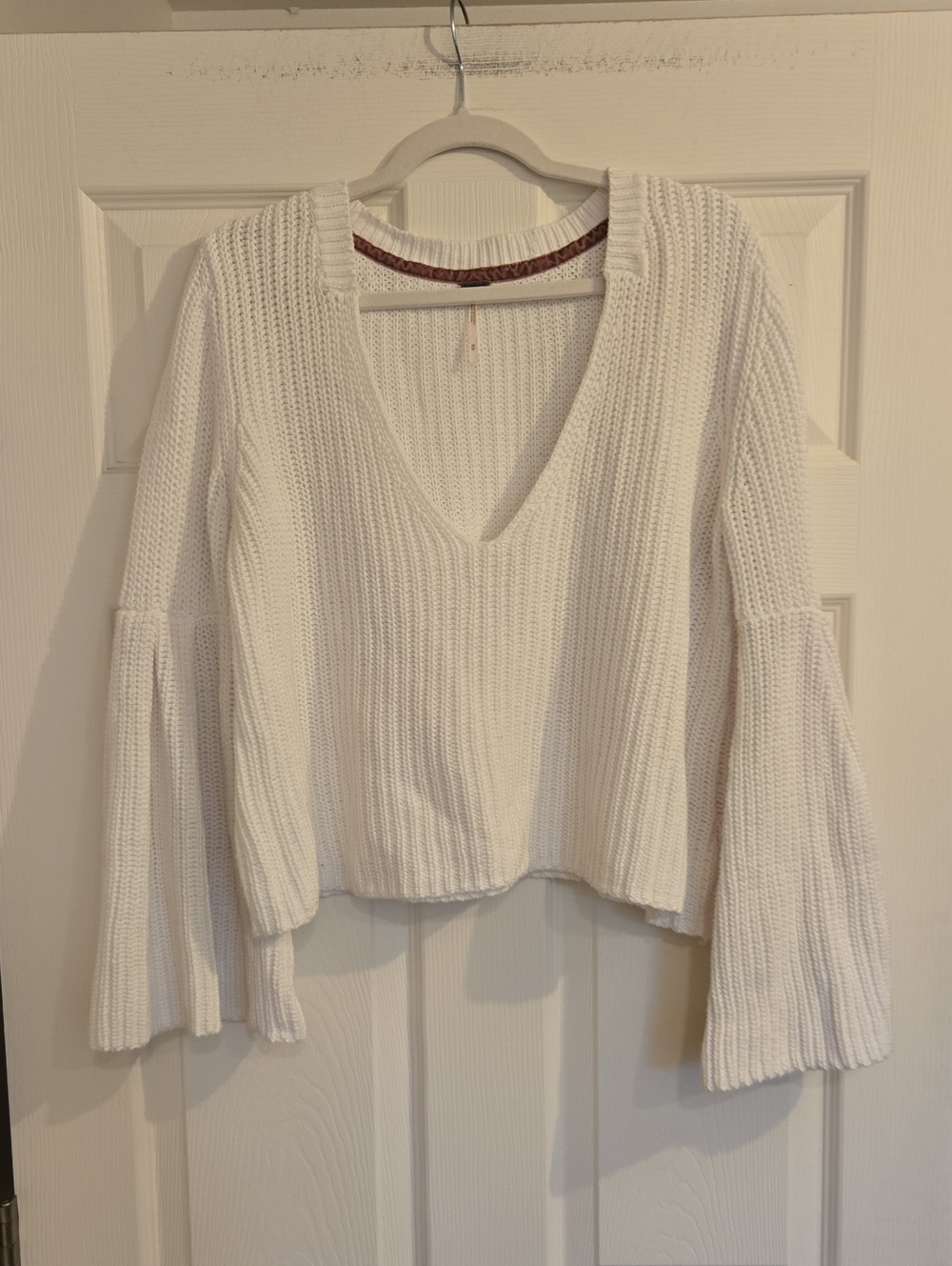 Free People White Knit Sweater V Neck With Large Bell Sleeve Medium